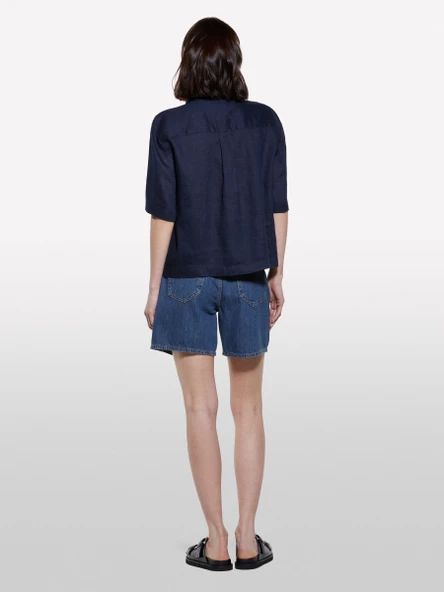 %100 Keten Kısa Kollu Gömlek Kadın Lacivert Gömlek - 325P5BMLLQ08U ürün görseli 1