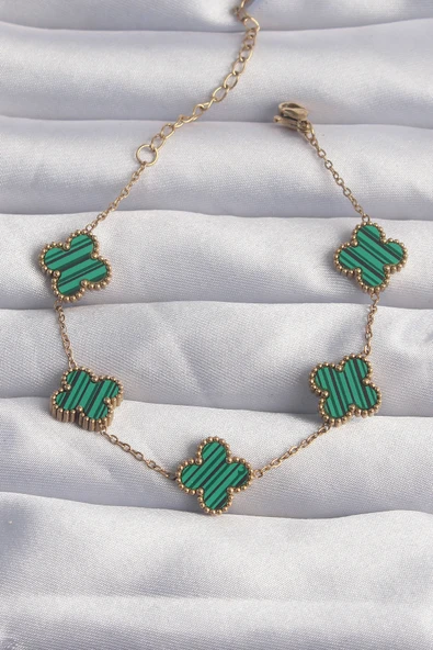 316L Çelik Gold Renk Çizgili Yeşil Mineli Yonca Bileklik - TJ-BB6260 ürün görseli 1