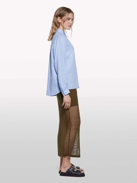 %100 Keten Düğmeli Göğüs Cepli Uzun Kollu Gömlek Kadın Mavi Gömlek - 325P5BMLLQ06S - Resim 2