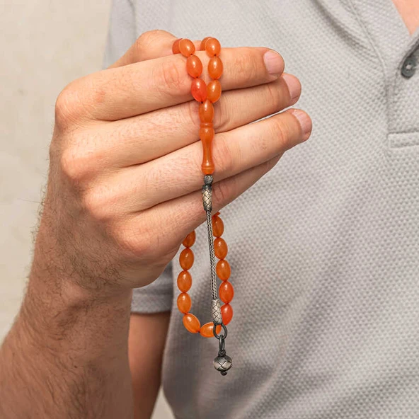 Gümüş Kazaz Püsküllü Sıkma Kehribar Tesbih - Resim 3