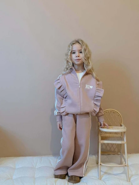 KIZ ÇOCUK DİK FERMUARLI 3 İPLİK GENİŞ PAÇA EŞOFMAN TAKIMI - Resim 4