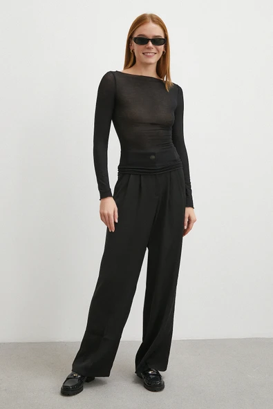 Beli Lastikli Pileli Geniş Paça Pantolon Siyah - Resim 4