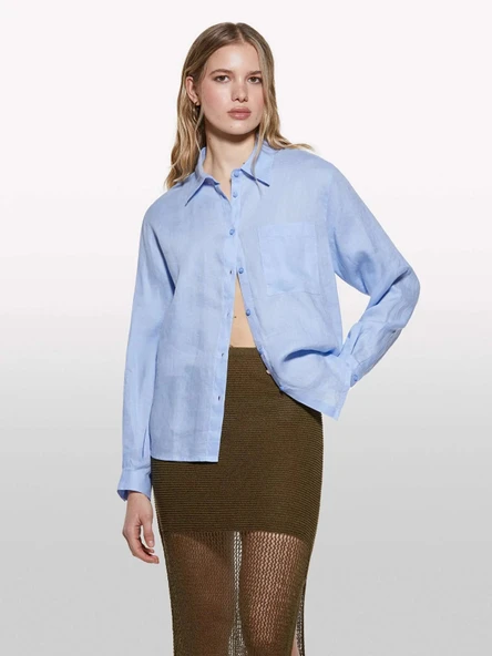 %100 Keten Düğmeli Göğüs Cepli Uzun Kollu Gömlek Kadın Mavi Gömlek - 325P5BMLLQ06S - Resim 4