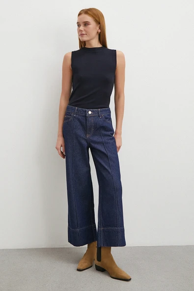 Yüksek Bel Paça Detaylı Jean Lacivert - Resim 2
