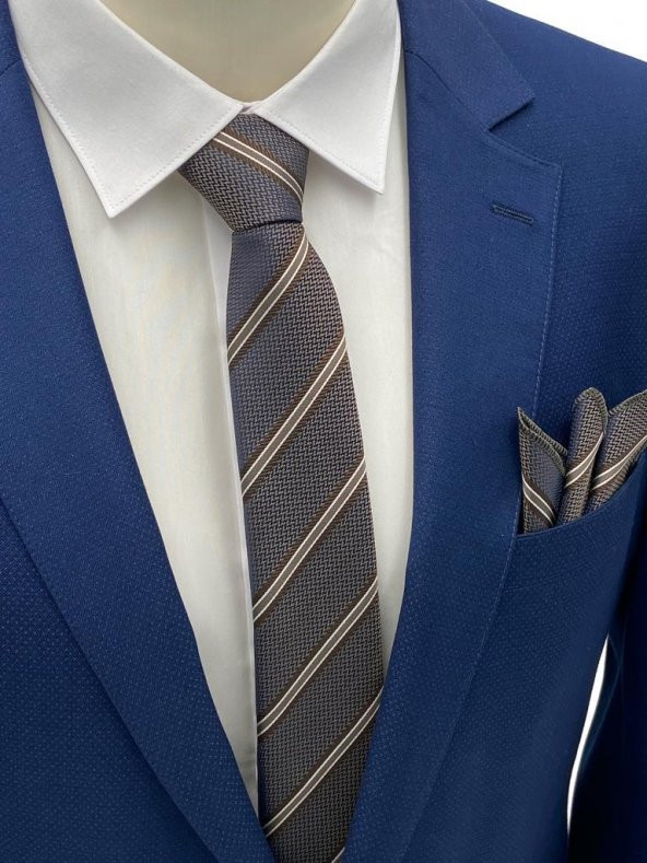 Brianze Kahverengi Çizgili Kravat Mendil Set