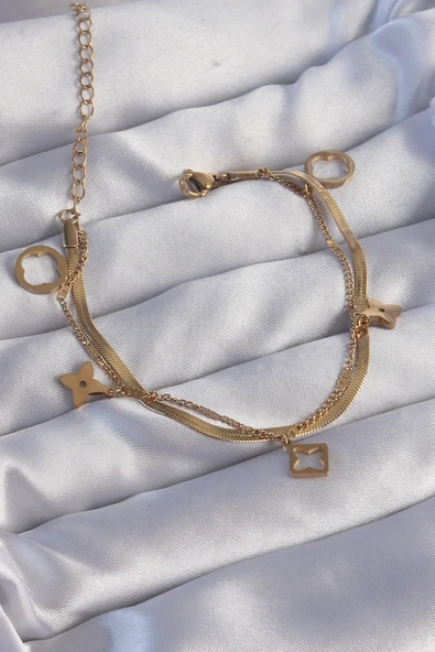 316L Çelik Gold Renk Çift Zincir Yonca Tasarım Bileklik - TJ-BB6181 ürün görseli 1