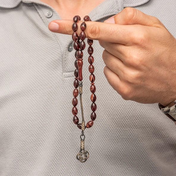 Gümüş Kahverengi Kazaz Püsküllü Sıkma Kehribar Tesbih - Resim 3