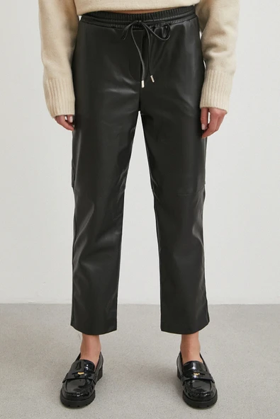 Kemerli Lastikli Deri Pantolon Siyah - Resim 5