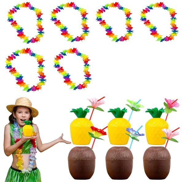 Tropikal Hawaii Parti Malzemeleri – Kolye, Pipet, Bardak Seti ürün görseli 1