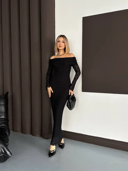 Omuz Açık Uzun Kollu Dantel Doku MidiMaxi Elbise - Resim 5