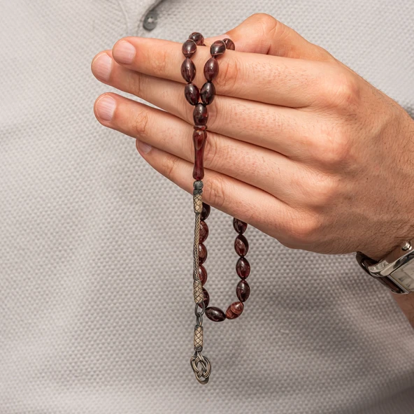 Gümüş Kahverengi Kazaz Püsküllü Sıkma Kehribar Tesbih - Resim 4