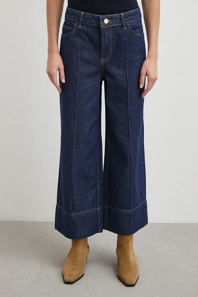 Yüksek Bel Paça Detaylı Jean Lacivert - Resim 5