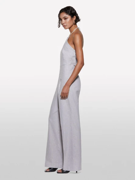 Keten Karışımlı Astarlı Askılı Palazzo Tulum Kadın Mavi Tulum - 325P4NP9LT00N - Resim 2