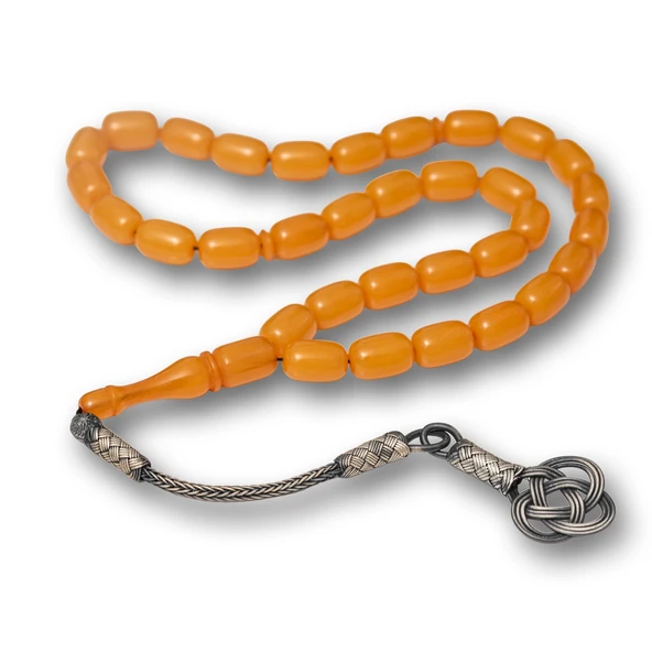 Gümüş Kazaz Püsküllü Kapsül Kesim Sarı Sıkma Kehribar Tesbih ürün görseli 1