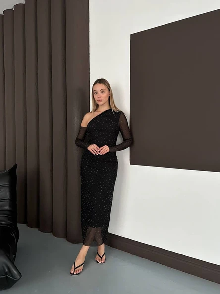 Tek Omuz Detaylı Işıltılı Drapeli Midi Elbise ürün görseli 1