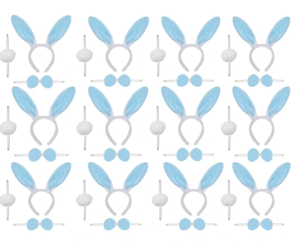 Mavi Tavşan Kostüm Seti – Taç Papyon Ponpon 12 li Paket ürün görseli 1