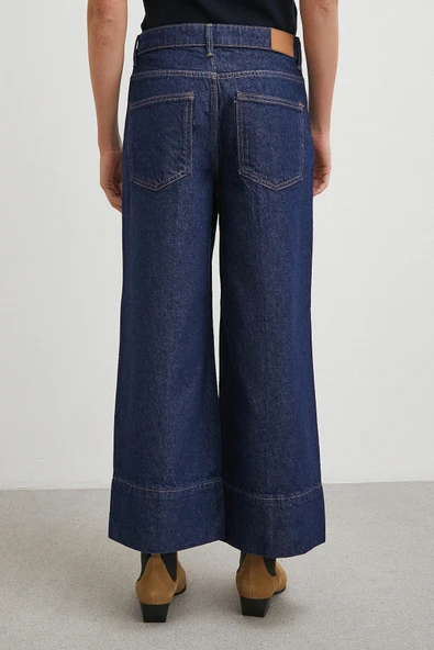 Yüksek Bel Paça Detaylı Jean Lacivert - Resim 6