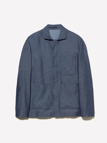 Sisley   Keten Karışımlı Gizli Düğmeli Astarsız Ceket Erkek Mavi Ceket - 325P2NZVSW02A - Resim 5