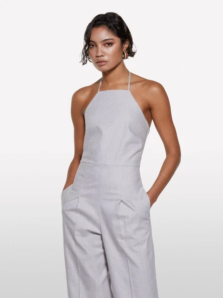 Keten Karışımlı Astarlı Askılı Palazzo Tulum Kadın Mavi Tulum - 325P4NP9LT00N - Resim 5