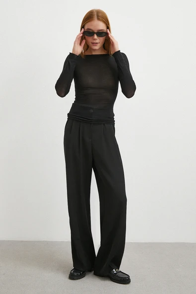 Beli Lastikli Pileli Geniş Paça Pantolon Siyah - Resim 3