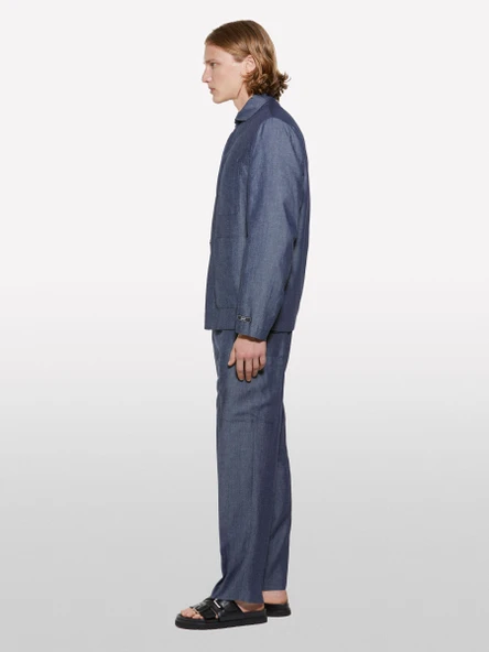 Sisley   Keten Karışımlı Gizli Düğmeli Astarsız Ceket Erkek Mavi Ceket - 325P2NZVSW02A - Resim 3