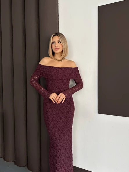 Omuz Açık Uzun Kollu Dantel Doku MidiMaxi Elbise - Resim 2