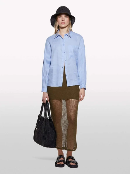 %100 Keten Düğmeli Göğüs Cepli Uzun Kollu Gömlek Kadın Mavi Gömlek - 325P5BMLLQ06S ürün görseli 1