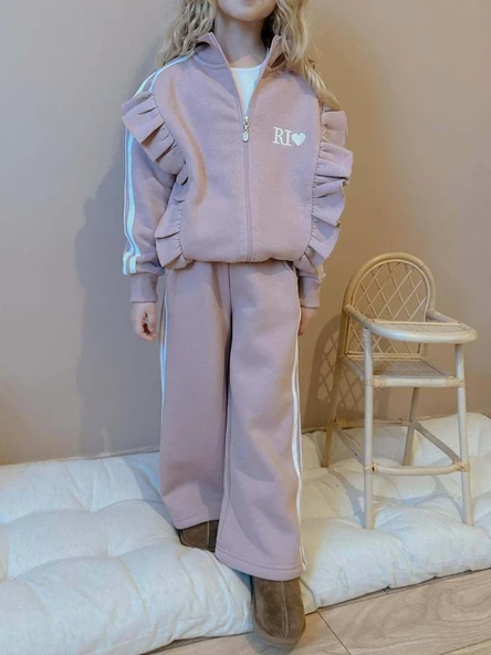 KIZ ÇOCUK DİK FERMUARLI 3 İPLİK GENİŞ PAÇA EŞOFMAN TAKIMI - Resim 6