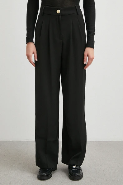 Beli Lastikli Pileli Geniş Paça Pantolon Siyah - Resim 5