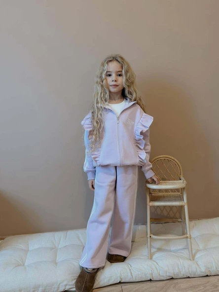 KIZ ÇOCUK DİK FERMUARLI 3 İPLİK GENİŞ PAÇA EŞOFMAN TAKIMI ürün görseli 1