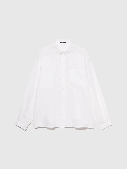 %100 Keten Düğmeli Göğüs Cepli Uzun Kollu Gömlek Kadın Beyaz Gömlek - 325P5BMLLQ06S - Resim 6