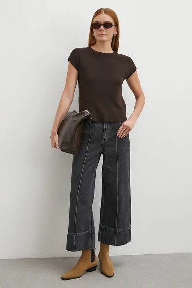 Yüksek Bel Paça Detaylı Jean Füme - Resim 3