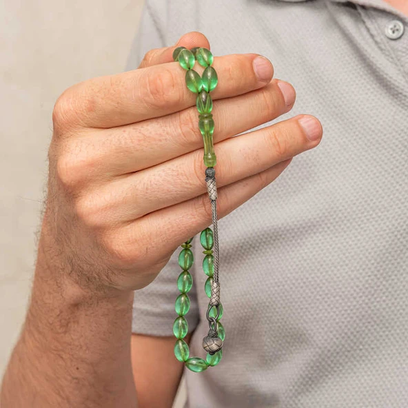 Gümüş Top Kazaz Püsküllü Yeşil Sıkma Kehribar Tesbih - Resim 4