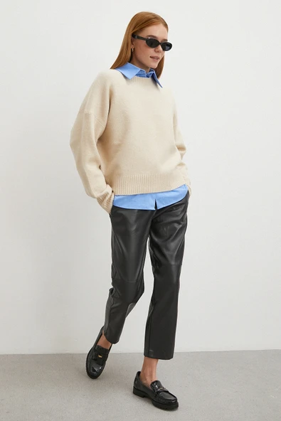 Kemerli Lastikli Deri Pantolon Siyah - Resim 2