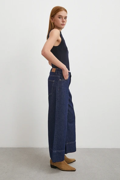 Yüksek Bel Paça Detaylı Jean Lacivert - Resim 4