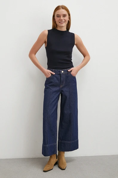 Yüksek Bel Paça Detaylı Jean Lacivert ürün görseli 1