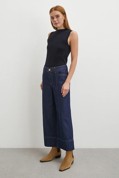 Yüksek Bel Paça Detaylı Jean Lacivert - Resim 3