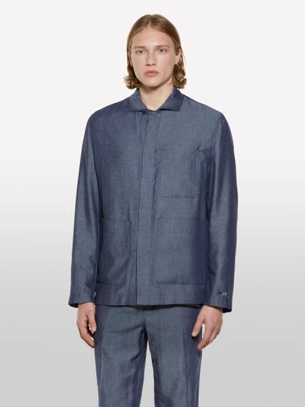 Sisley   Keten Karışımlı Gizli Düğmeli Astarsız Ceket Erkek Mavi Ceket - 325P2NZVSW02A - Resim 6