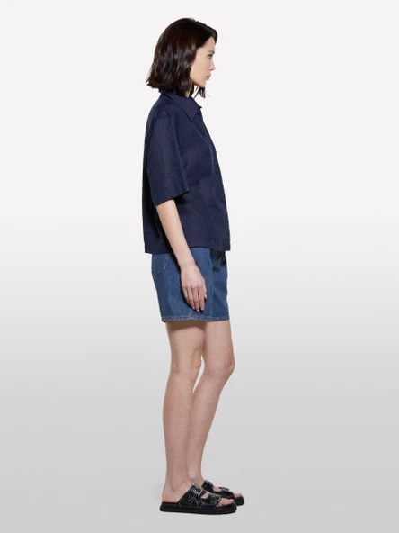 %100 Keten Kısa Kollu Gömlek Kadın Lacivert Gömlek - 325P5BMLLQ08U - Resim 2