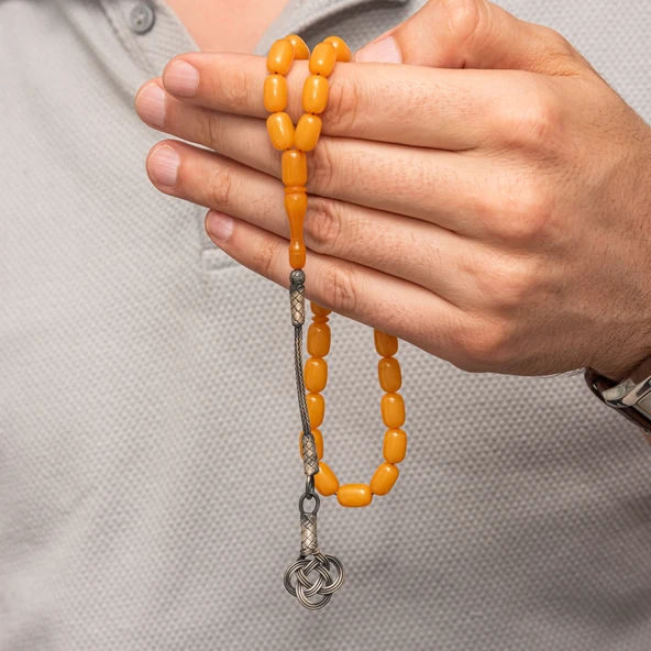 Gümüş Kazaz Püsküllü Kapsül Kesim Sarı Sıkma Kehribar Tesbih - Resim 4