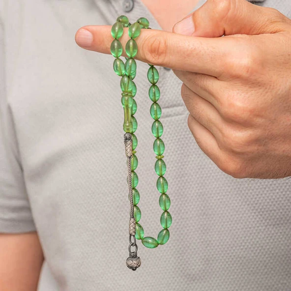 Gümüş Top Kazaz Püsküllü Yeşil Sıkma Kehribar Tesbih - Resim 3