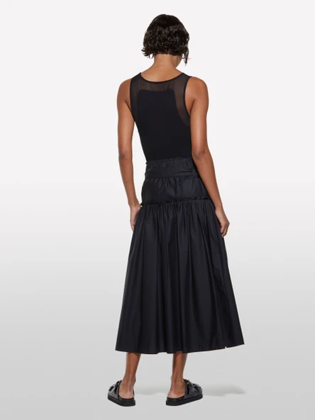 %100 Pamuk Beli Lastikli Kemerli Pileli Uzun Etek Kadın Siyah Etek - 325P4XUCL002Q - Resim 3