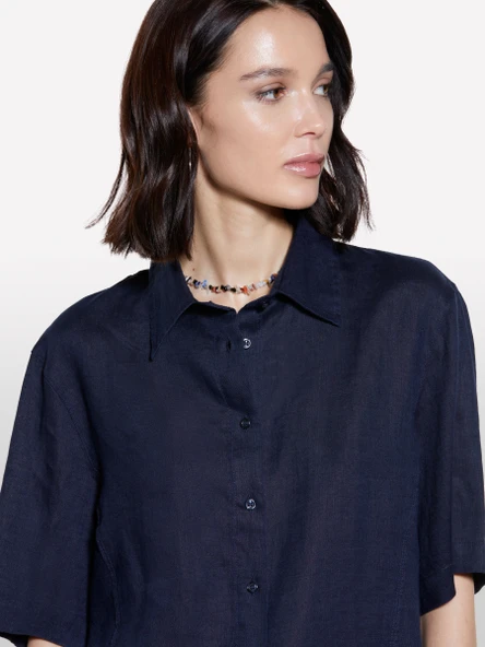 %100 Keten Kısa Kollu Gömlek Kadın Lacivert Gömlek - 325P5BMLLQ08U - Resim 3