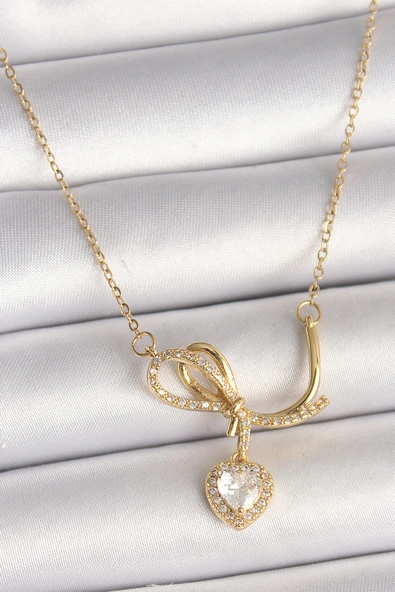 316L Çelik Gold Renk Zincir Zirkon Taşlı Düğüm Sallantı Kalp Model Kadın Kolye - TJ-BKO9857 ürün görseli 1