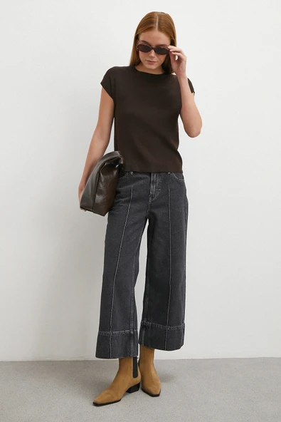 Yüksek Bel Paça Detaylı Jean Füme - Resim 4