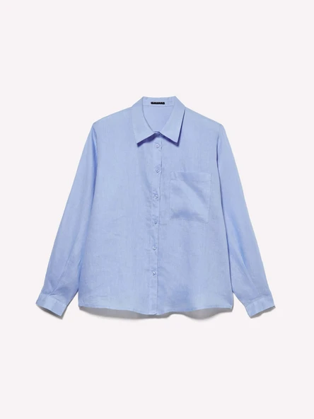 %100 Keten Düğmeli Göğüs Cepli Uzun Kollu Gömlek Kadın Mavi Gömlek - 325P5BMLLQ06S - Resim 6