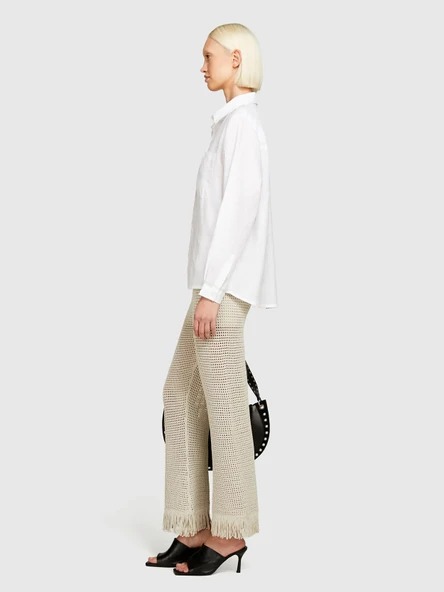 %100 Keten Düğmeli Göğüs Cepli Uzun Kollu Gömlek Kadın Beyaz Gömlek - 325P5BMLLQ06S - Resim 2