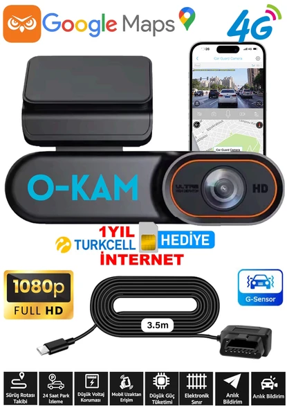 O-Kam Araç Içi Kamera Uzaktan Araç Kamerasını İzleme 1080P Kamera Gps +1 Yıl 4G İnternet ürün görseli 1