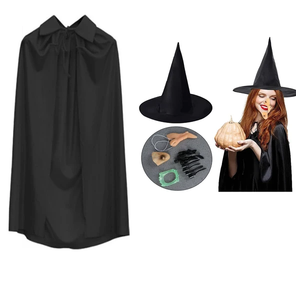 Cadı Kostüm Seti 6 Parça - Şapka Pelerin Diş Tırnaklar Çene ve Burun ürün görseli 1