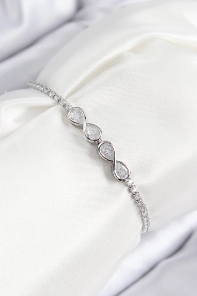 Pirinç Zirkon Taşlı Sonsuzluk Model Gümüş Renk Asansörlü Kadın Bileklik - TJ-BB7720 ürün görseli 1